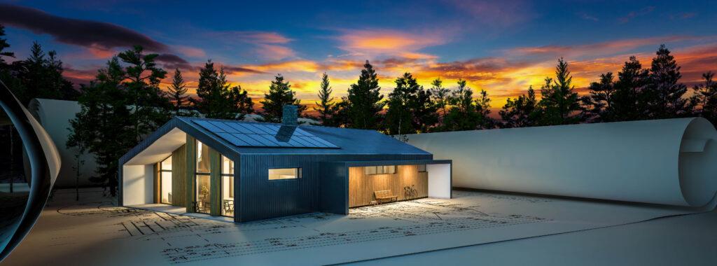 Moderne Landhausarchitektur mit Einbindung der Photovoltaik und nachhaltiger Baumaterialien bei Nachtbeleuchtung - panoramische 3D Visualisierung
