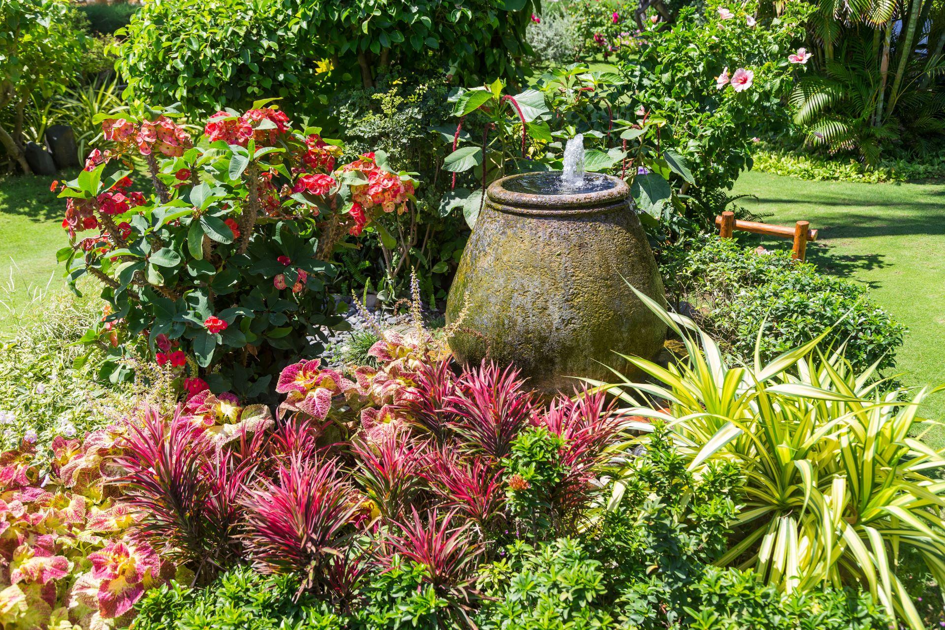 Kleiner dekorativer Brunnen in Form eines rustikalen Gefäßes, umgeben von bunten Pflanzen wie roten Blumen und grün-gelbem Blattwerk in einem üppigen Garten.