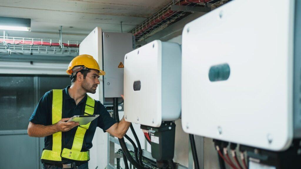 Techniker mit gelbem Helm und Tablet prüft SMA Sunny Tripower Wechselrichter in einem technischen Raum für Photovoltaikanlagen