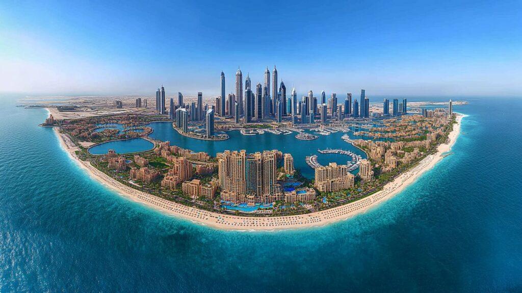 Palm Jumeirah Haus kaufen: Luftaufnahme der exklusiven Villen und Resorts auf der berühmten Palmeninsel in Dubai, umgeben vom blauen Meer.