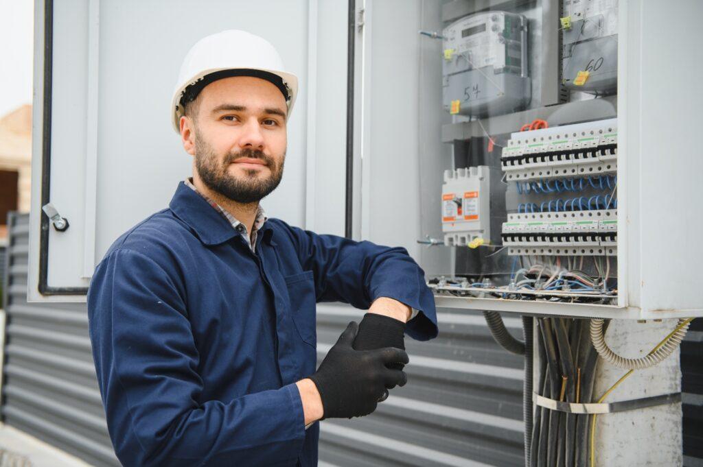 Elektriker prüft Stromanschlusskasten | Enthärtungsanlage