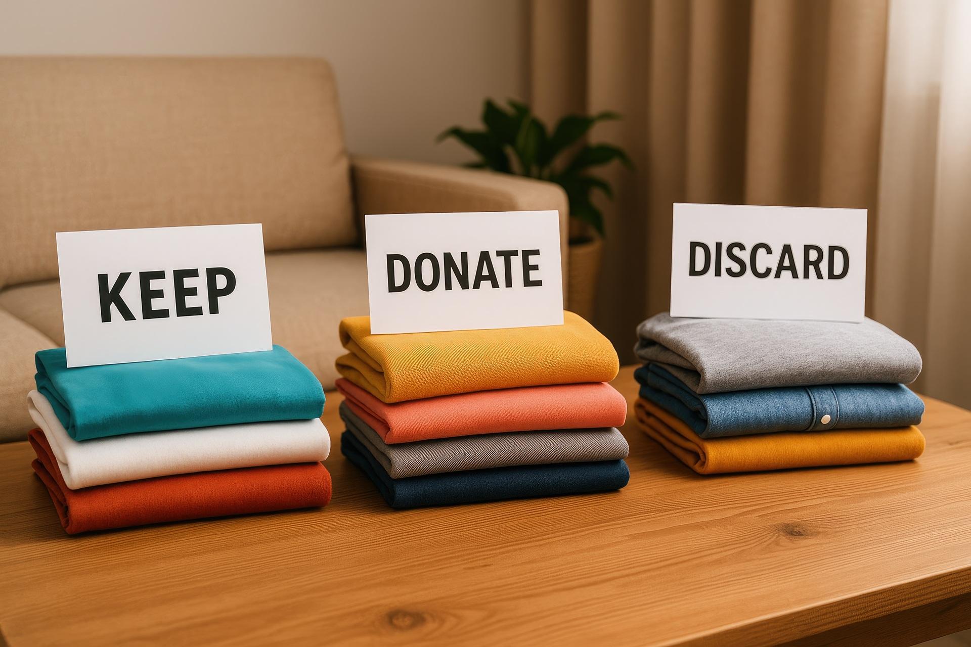 Kleidung sortiert in Stapel zum Spenden | Wohnungsauflösung Neuss